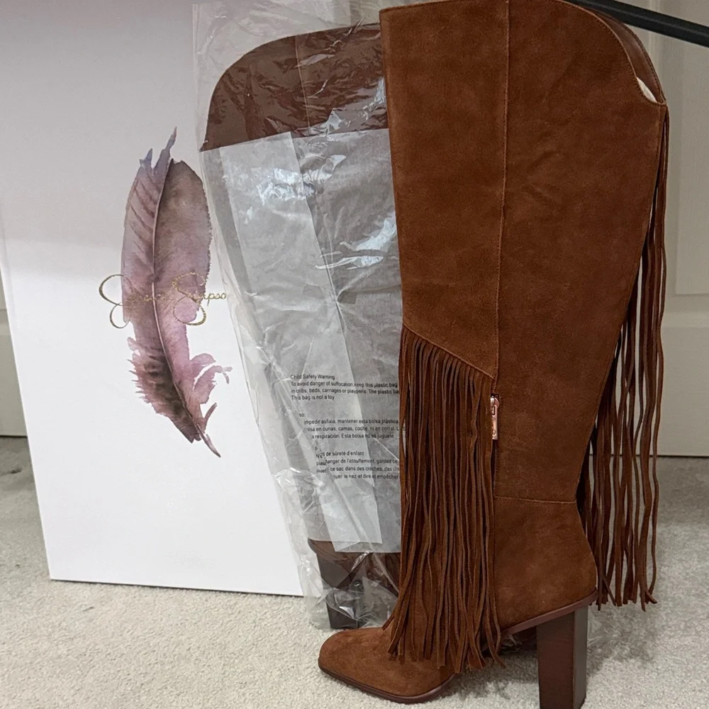 Jessica Simpson Brown Suede Fringe Heeled Boots - Picture 1 of 8